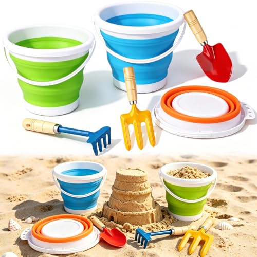 Gardening Tools Set Foldable Beach Bucket with Metal Shovels for Adults, Collapsible Pails Sand Bucket for Basket Camping Gardening Fishing, Essential Travel Gadget 6PCS - color: Blue, size: Round Bucket (2.5L)