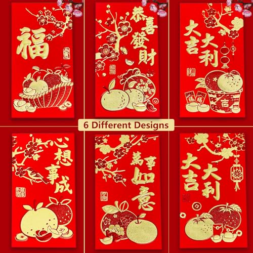 36pcs Red Envelopes Chinese New Year, Chinese Hong Bao Envelopes for Money, 2026 Lunar New Year of The Horse Red Packets with 6 Unique Gold Embossed Designs for Spring Festival, Large