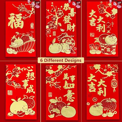 36pcs Red Envelopes Chinese New Year, Chinese Hong Bao Envelopes for Money, 2026 Lunar New Year of The Horse Red Packets with 6 Unique Gold Embossed Designs for Spring Festival, Large