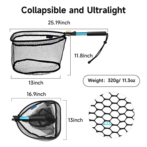SANLIKE Collapsible Telescopic Fishing Net Rubber Coated Fresh/Salt Water | Rubber Coated Net, Aluminum Pole, Non-Slip Rubber Handle, One-click Storage, Belt Clip, Various Sizes - color: Black, size: XX-Small