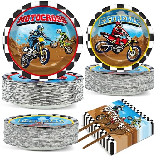 Qyeahkj 200 Pcs Dirt Bike Party Decorations Motorcycle Birthday Party Supplies Dirt Bike Theme Party Paper Plates Set Motocross Party Plates and Napkins Motor Theme Party Tableware for Boys Serves 50 - style: Dirt Bike
