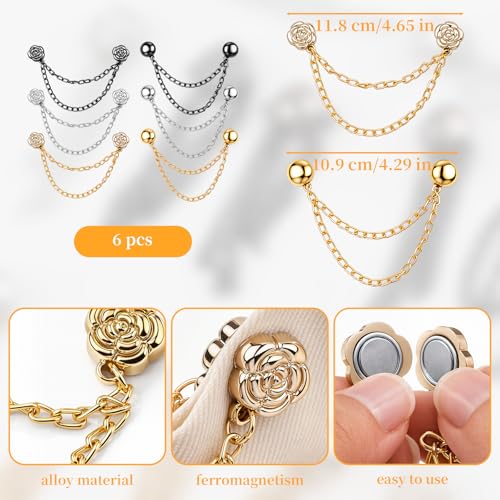Magnetic Clothing Clips - 6 PCS Multi-Function Magnetic Hijab & Shirt Clips with Chain, Shirt Ties Clip Magnets Pinless Buttons for Women Clothes Sleeves Pants Hijabs Hats Scarfs