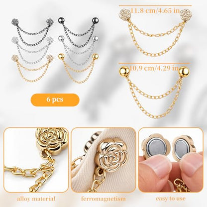 Magnetic Clothing Clips - 6 PCS Multi-Function Magnetic Hijab & Shirt Clips with Chain, Shirt Ties Clip Magnets Pinless Buttons for Women Clothes Sleeves Pants Hijabs Hats Scarfs
