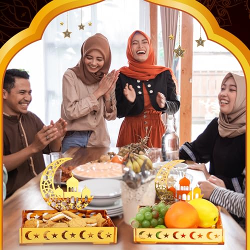 DoubleFill Ramadan Serving Tray Gold Eid Mubarak Holder Al-fitr Home Decoration for Moon Star Tray Gold Container for Home Islamic Muslim Party Tableware Kitchen Dessert Food Storage(Mosque) - style: Mosque