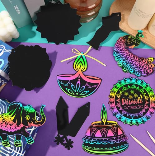 FEBSNOW 48 PCS Diwali Crafts for Kids, Magic Rainbow Scratch Art Paper Cards for Kids Diwali Gifts School Classroom Activities Happy Diwali Festival of Lights Party Favors Hanging Ornaments - style: Diwali