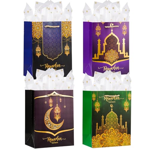 Enfoldia 4Pcs 9" Medium Ramadan kareen Gift Bags with Handles Gold Star Tissue Paper Ramadan Kareem Party Favor Bags Eid Mubarak Party Goodie Gift Treat Bags Reusable Paper Bags Islam Party Decorations - color: Ramadan kareen