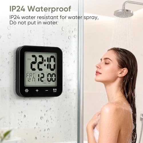 Digital Waterproof Shower Clock, Bathroom Kitchen Clock with Countdown Timer, Wall Clock with Large LCD Display, Temperature, Touch Button, Suction, Hanging Hole, Battery Operated I Black - color: Black