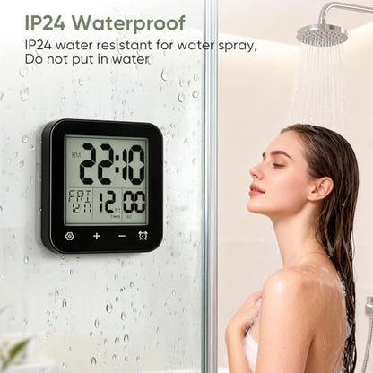 Digital Waterproof Shower Clock, Bathroom Kitchen Clock with Countdown Timer, Wall Clock with Large LCD Display, Temperature, Touch Button, Suction, Hanging Hole, Battery Operated I Black - color: Black