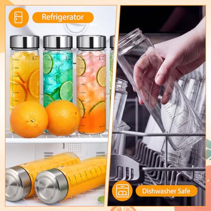 LemonRoad 12 Pack 17 oz Glass Juice Bottles Bulk Scale Wide Mouth Glass Water Bottles with Leakproof Stainless Steel Lids, Borosilicate Reusable Container for Juicing Smoothies Infused Water - size: 17 oz