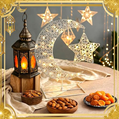 MorningRo Eid Mubarak Table Decoration Metal Ramadan Moon Star Table Decor with LED Light Metal Crescent Ramadan Kareem Desk Ornament for Home Decor Islamic Muslim Gifts - style: Elegant