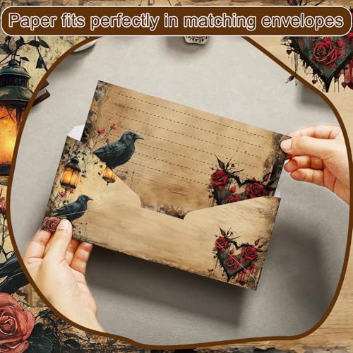TaoBary 160 Pcs Stationery Paper Set 50 Double Sided Stationery Papers with 50 Matching Envelopes and 60 Round Dot Sticker, 10 Design(Gothic Style,8.5 x 11 Inch) - size: 8.5 x 11 Inch, style: Gothic Style