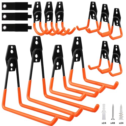 15-Piece Garage Wall Hooks with 3 Extension Straps, Orange Heavy Duty Tool Storage Rack for Ladder, Bike, Shovel, Garden Tools, Metal Wall Mount Organizer Set - style: 15-Pack Hooks + 3 Straps（orange）