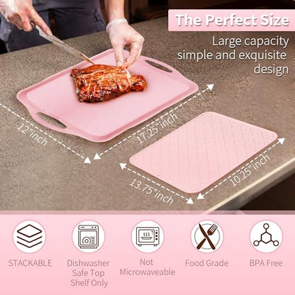 LEHAHA Large Non Slip Serving Tray with Handles, 17.25 x 12 Inch Melamine Serving Platter with Curved Sides, Dinner Tray for Lunch, Coffee, or Breakfast, 4pcs Set, Silicone placemats Included,Pink - color: Pink