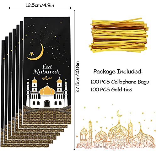 Eid Mubarak Goodie Bags, 100 Pieces Muslim Castle Moon Star Pattern Ramadan Treat Bags Cellophane Bags Goody Favor Bags with Gold Twist Ties for Muslim Islamic Eid Iftar Diwali Party Kids Gifts - - color: Black