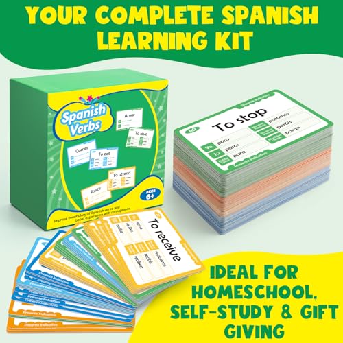 Edulok 아동용 스페인어 플래시 카드, 280개의 스페인어 동사 활용 책 플래시 카드, 성인 초보자를 위한 스페인어 배우기, 이중 언어 플래시 카드, 스페인어 어휘 게임 스페인어 학습 워크북