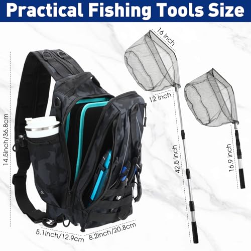 RoundFunny 256 Pcs Fishing Backpack with Tackle Box Gears, Tackle Sling Bag Backpack, Fishing Hook, Lures, Retractable Landing Net, Plier, Lip Gripper, Hook Remover, Fish Gift Men - color: Black Camouflage