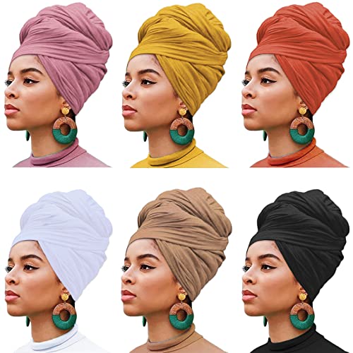 XTREND 6 Pieces Turban Stretch Jersey Head Wrap Fashion Headband Long Shawl Scarf Solid Color Soft Urban Breathable Headwrap for Women (Black, Camel, White, Orange, Pink, Turmeric) - color: Y6 Black, Camel, White, Orange, Pink, Turmeric
