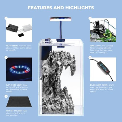 Aqua Worx Sand Waterfall Tank Kit - Silent Operation Falling Sand Fish Tank w/LED Light and Self Cleaning Filtration - Desktop Rimless Starter Aquarium Kit, Just Add Plants - 3.38GAL | 12.8L (B1) - size: B1 (20CM)