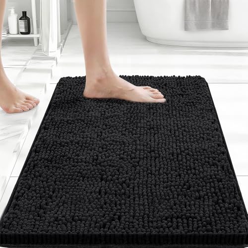 Bcoimo Small Bath Rug Mat,24x17 Chenille Non Slip Black Bathroom Floor Mats - color: Black, size: 24x17