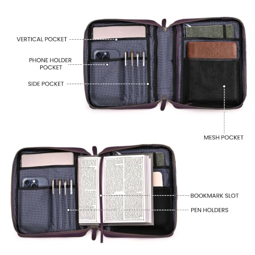 LEATHER VILLAGE Large Leather Bible Cover with Carry Handle & Zipper Purple | Bible Case Fits Standard, Large & Study Bibles up to 10.5 x 8 x 2.5 In, Ideal for men, women, Church & Travel, Handmade