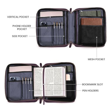 LEATHER VILLAGE Large Leather Bible Cover with Carry Handle & Zipper Purple | Bible Case Fits Standard, Large & Study Bibles up to 10.5 x 8 x 2.5 In, Ideal for men, women, Church & Travel, Handmade