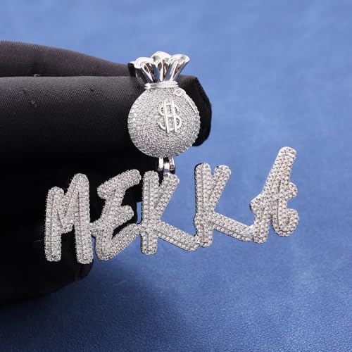Lulu Mel Iced Out Personalized Cursive Name Necklace For Trendy Women, Custom Handmade Nameplate Pendant With Cuban Link Chain, White Gold Plated Hip Hop CZ Diamond Jewelry Gifts - color: Silver/Money Bag Bail