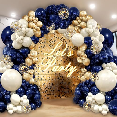 Navy Blue Gold Balloon Graland Arch Kit, Double Stuffed Pearl White Royal Blue Chrome Gold with Confetti Balloons for New Year Graduation Birthday Wedding Party Decorations - color: Navy Blue Gold