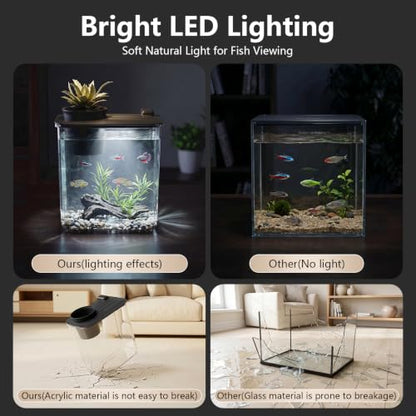 0.8 Gallon Betta Fish Tank Aquarium Starter Kit with Light and Lid(Black) | Premium Acrylic Aquarium with Light and Lid, Crystal Clear Starter Kit for Betta Fish, Shrimp, Snails and Small Fish - color: Black, size: 0.8 Gallon