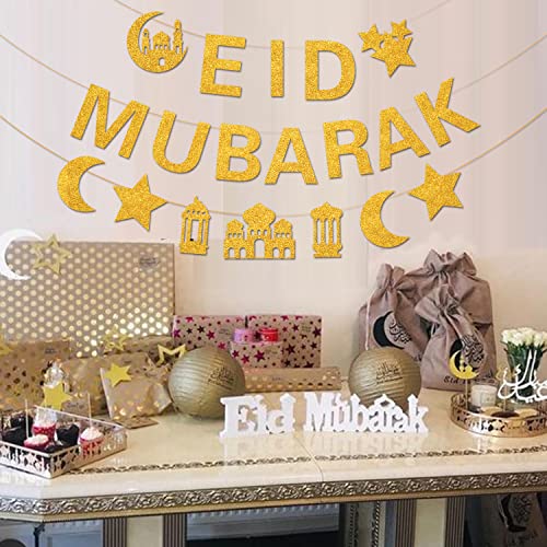 Glitter Eid Mubarak Banner with Gold Moon Star Eid Hanging for Islam Party Decorations No DIY Required