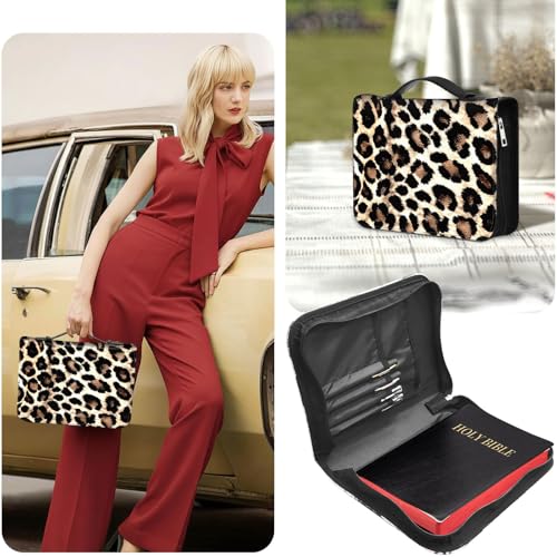 PU Leather Bible Cover with Handle & Pockets, Large Capacity Bible Case, Water-Resistant Scripture Organizer Bag with Bonus Card Holder, Christian Gift for Women & Men, Leopard Print 02 - color: Leopard Print 02