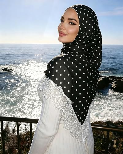 JUMISEE Elegant Floral Lace Hijab Scarf for Women Soft Cotton Head Wrap Instant Hijab Long Scarves Evening Dress Shawl - color: Black Polka Dot