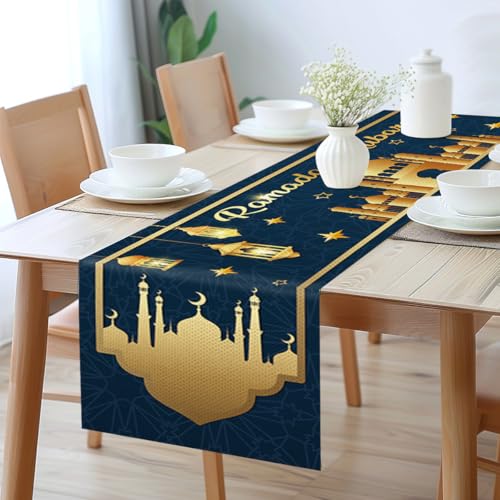 Ramadan Mubarak Table Runner Table Decorations - Ramadan Mosque Lantern Islamic Happy Eid Mubarak Party Supplies Decorations, 13.8x70.9 inches