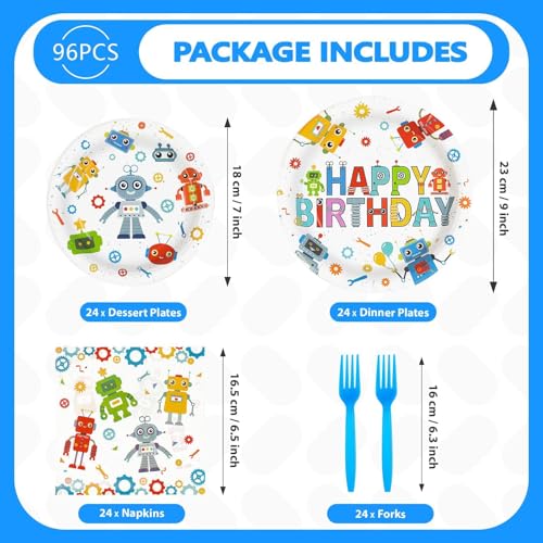 Grencian 96Pcs Robot Birthday Party Supplies Robot Themed Plates and Napkins Disposable Tableware Set for Boys Kids Birthday Party Baby Shower Decorations Serves 24 - style: Robot Theme Birthday Party Tableware Set