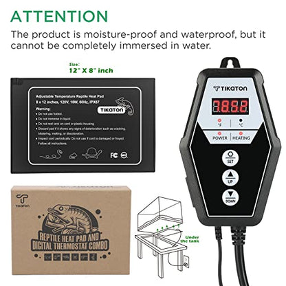 Tikaton Reptile Heating Pad and Digital Thermostat Combo Set, Under Tank Heater for 10-20gal/30-40gal Tank, Terrarium Heat Mat for Turtle/Snake/Lizard/Frog/Spider/Plant Box - size: 1 Pack-12" X 8"