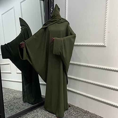 Muslim Dress for Women Pakistani Kaftan Abaya Robe + Hijab Arabic Islamic Prayer Clothes Dubai Outfits - color: Army Green Set
