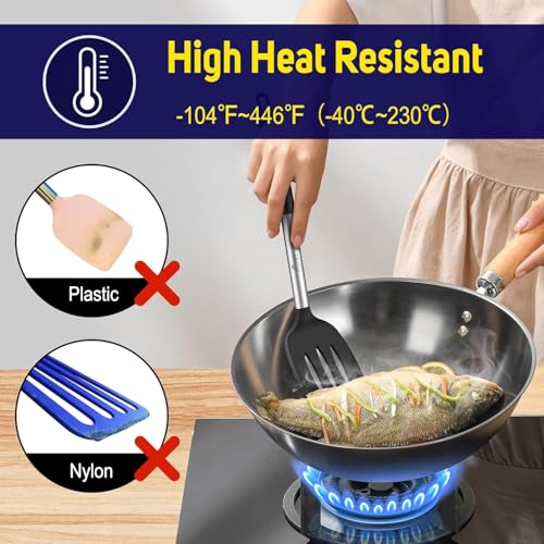 HOTEC Silicone Spatula Set of 2, High Heat-Resistant & BPA-Free Kitchen SaptulaTurner with Stainless Steel Handles, Slotted & Solid Spatulas for Nonstick Cookware, 13.7 Inch, Black - color: Black
