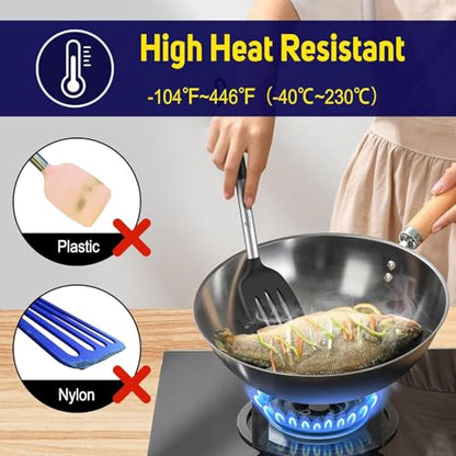 HOTEC Silicone Spatula Set of 2, High Heat-Resistant & BPA-Free Kitchen SaptulaTurner with Stainless Steel Handles, Slotted & Solid Spatulas for Nonstick Cookware, 13.7 Inch, Black - color: Black