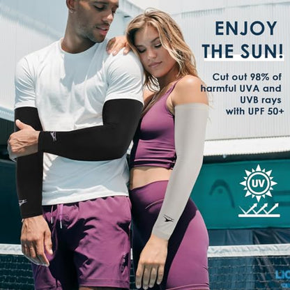 Achiou Cooling Ice Silk Arm Sleeves, Summer UV Sun Protection Compression Sleeves UPF 50+ for Women Volleyball Youth Sports - color: 2 Pairs: 1pair Black,1 Pair Light Beige