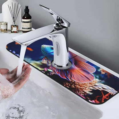 Coral Reef Fish Aquarium Faucet Mat for Kitchen Sink Splash Guard 14×38 CM Super Absorbent Diatomite Faucets Suction Pad Faucet Handle Drip Catcher Tray Dish Drying Mat Housewarming Gift