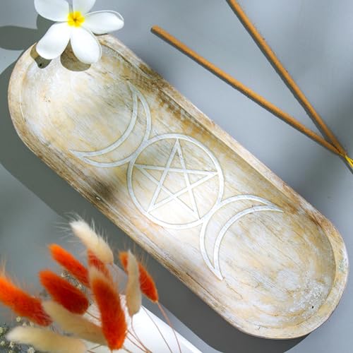 Hand Carved Incense Holder-Incense Burner/Ash Catcher/Handmade Wooden Insence Tray – Modern Gift Home/Room/Kitchen Décor Size 11x4x1.5 Inches - style: SUN MOON WHITE