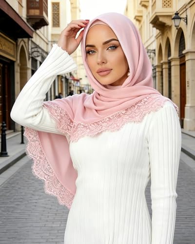 JUMISEE Elegant Floral Lace Hijab Scarf for Women Soft Cotton Head Wrap Instant Hijab Long Scarves Evening Dress Shawl - color: Pink