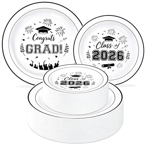 100 Pcs Graduation Plastic Plates,2026 Black Graduation Disposable Plates for 50 Guests,50 Dinner Plates 10 inch & 50 Dessert Plates 7 inch for Party,Holiday - color: Black