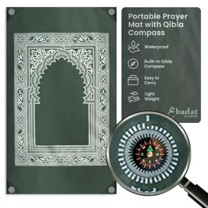 ABDEEZ Portable Travel Prayer Mats | Compass, Weights (Keeps mat in Place), and Pouch, Pocket Size (Green) - color: Green