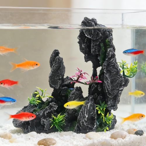 Aquarium Resin Castle Decor, Large Ancient Stone Castle Fish Tank Ornament with Caves & Tunnels, Realistic Hideout for Betta Fish, Guppies, Shrimp, Turtles (Freshwater & Saltwater Safe) (Rockery)