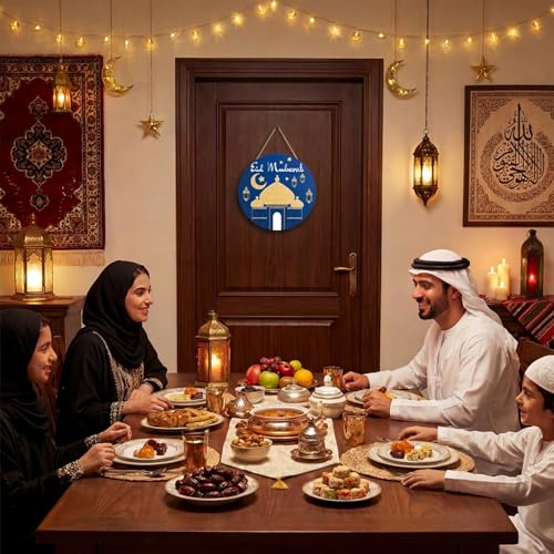 Smile Wooden Ramadan Wooden Decorations Eid Mubarak, Farmhouse Hanging Door Decor for Holiday Home Accent - style: Eid
