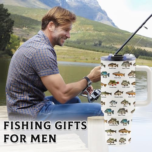 Fishing Coffee Mug, Fish Gifts for Dad, 40oz Tumbler, Fishing Gifts for Men with Handle and Straw, Christmas, Thanksgiving, Birthday Gifts for Fisherman, Party Supplies, Stainless Steel Cup - color: Fish-White
