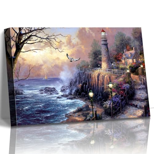 STUDIO HAVEN Thomas Kinkade Canvas Wall Art, Coastal Lighthouse Cottage Ocean Waves Glowing Beacon Seside Pathway Oil Painting Poster Landscape Wall Decor, Framed Prints for Home Decor, 24x16Inch - color: Thomas022, size: 24"L x 16"W