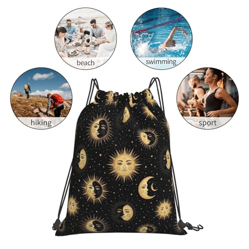 Drawstring Backpack for Men Women, Gold Sun Crescent Moon Star, Breathable Gym Sack for Yoga Travel and Outdoor Camping - color: Pattern (371)