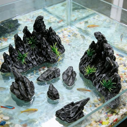 Large “Soul Valley” 7pcs Resin Aquarium Decorations Set | Imitation Stone Ornaments for 12-20 inch aquariums, natural rock style for fresh or saltwaterl aquascaping