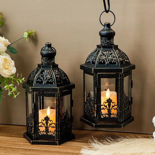 TRIROCKS Set of 2 Vintage Decorative Lanterns 9.5" H Hanging Lantern Metal Candleholder with Tempered Glass for Indoor Outdoor Home Decor Parties Garden Events Wedding(Black with Gold Brush) - color: 9.5" H Black